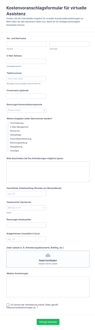 Virtueller Assistent Kostenvoranschlag Formular 🎯🤖
