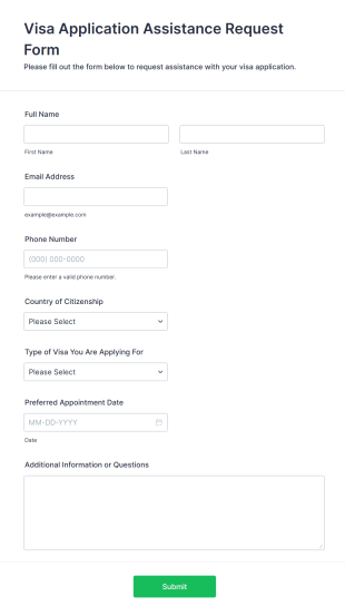 Visa Application Assistance Request Form Form Template