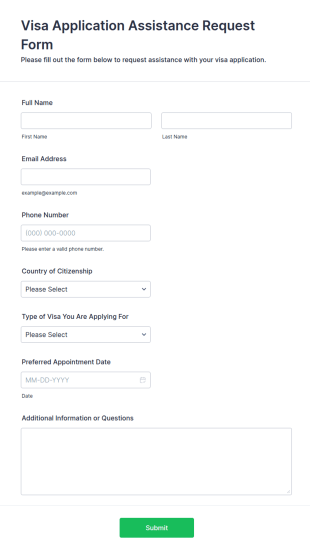 Visa Application Assistance Request Form Template