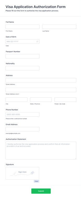 Visa Application Authorization Form Form Template