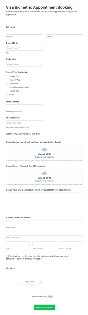 Visa Biometric Appointment Booking Form Template