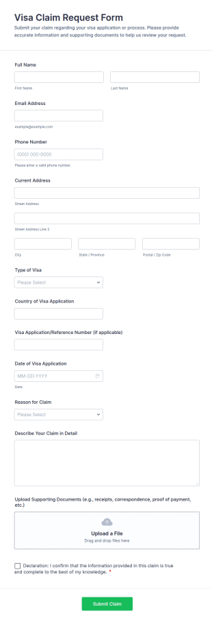 Visa Claim Request Form Template