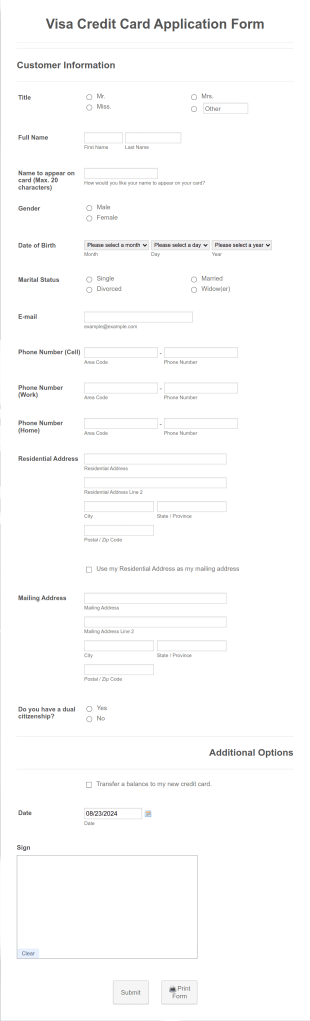 Visa Credit Card Application Form Template