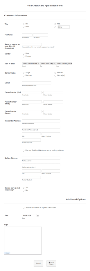 Visa Credit Card Application Form Template