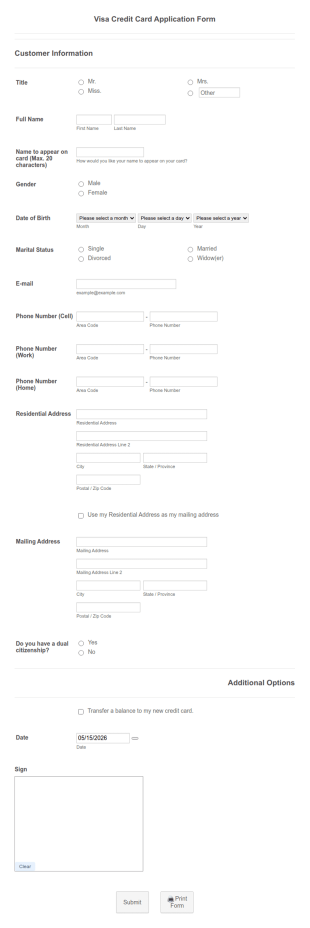 Visa Credit Card Application Form Template