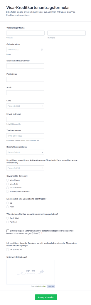 Visa Kreditkartenantragsformular
