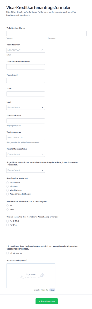 Visa Kreditkartenantragsformular