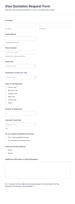 Visa Quotation Request Form Template