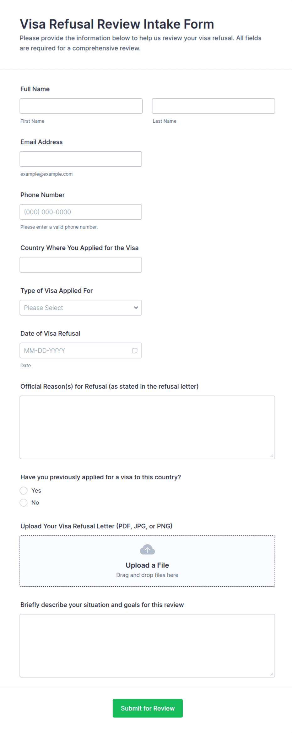Visa Refusal Review Intake Form Template | Jotform