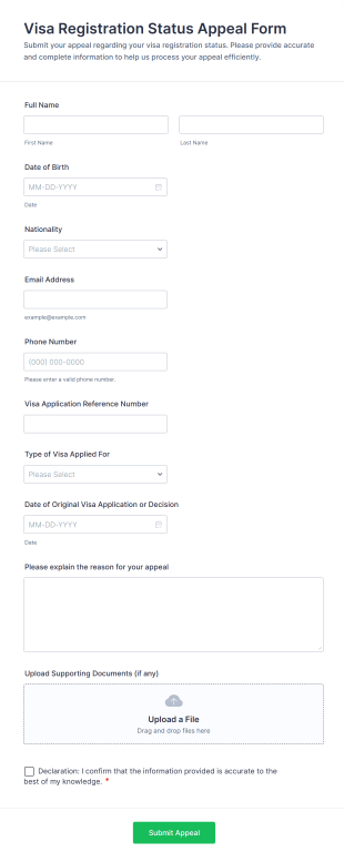 Visa Registration Status Appeal Form Template