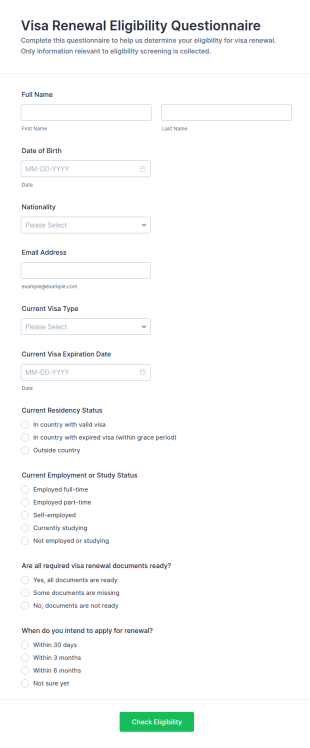 Visa Renewal Eligibility Questionnaire Form Template