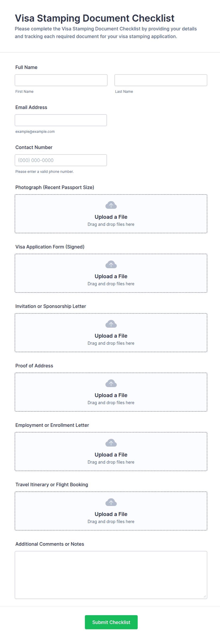 Visa Stamping Document Checklist Form Template | Jotform