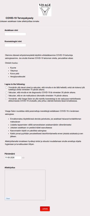 VISAGE ASIAKKAAT COVID 19 Suostumuslomake