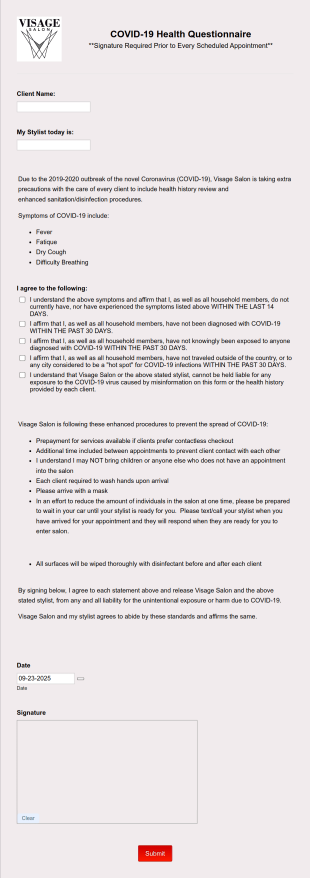 VISAGE CLIENT COVID 19 Liability Release Waiver Form Template