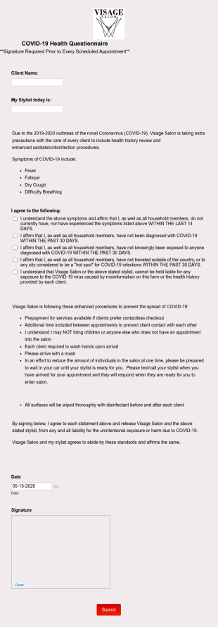 VISAGE CLIENT COVID 19 Liability Release Waiver Form Template