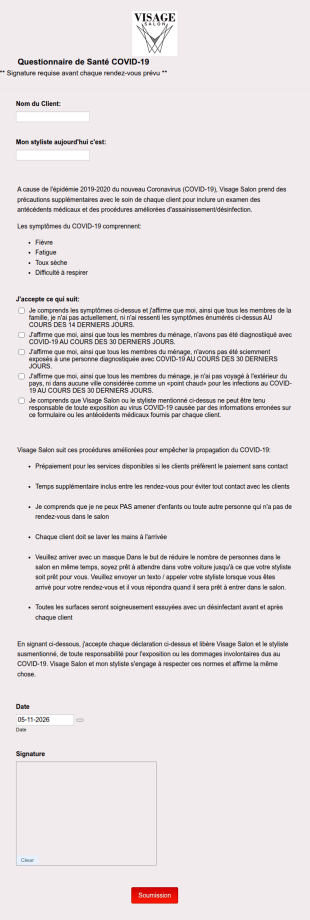 VISAGE CLIENT Exonération De Responsabilité COVID 19