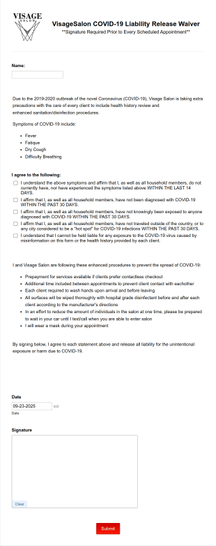 VISAGE COVID 19 Liability Release Waiver Form Template