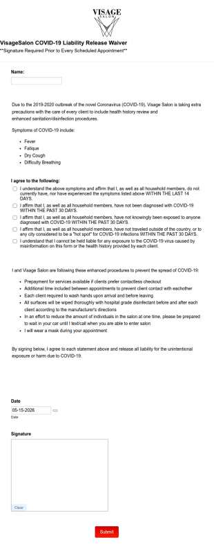 VISAGE COVID 19 Liability Release Waiver Form Template