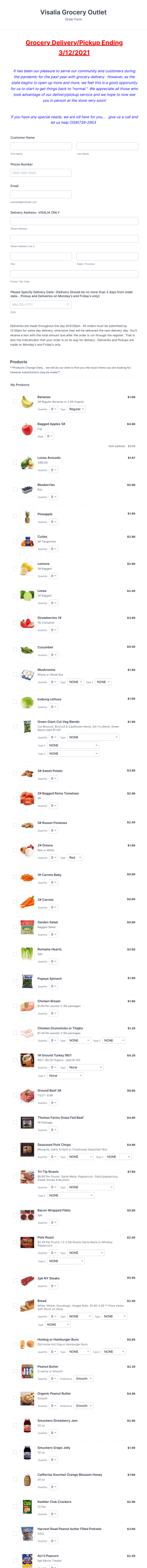 Visalia Grocery Outlet Order Form Template