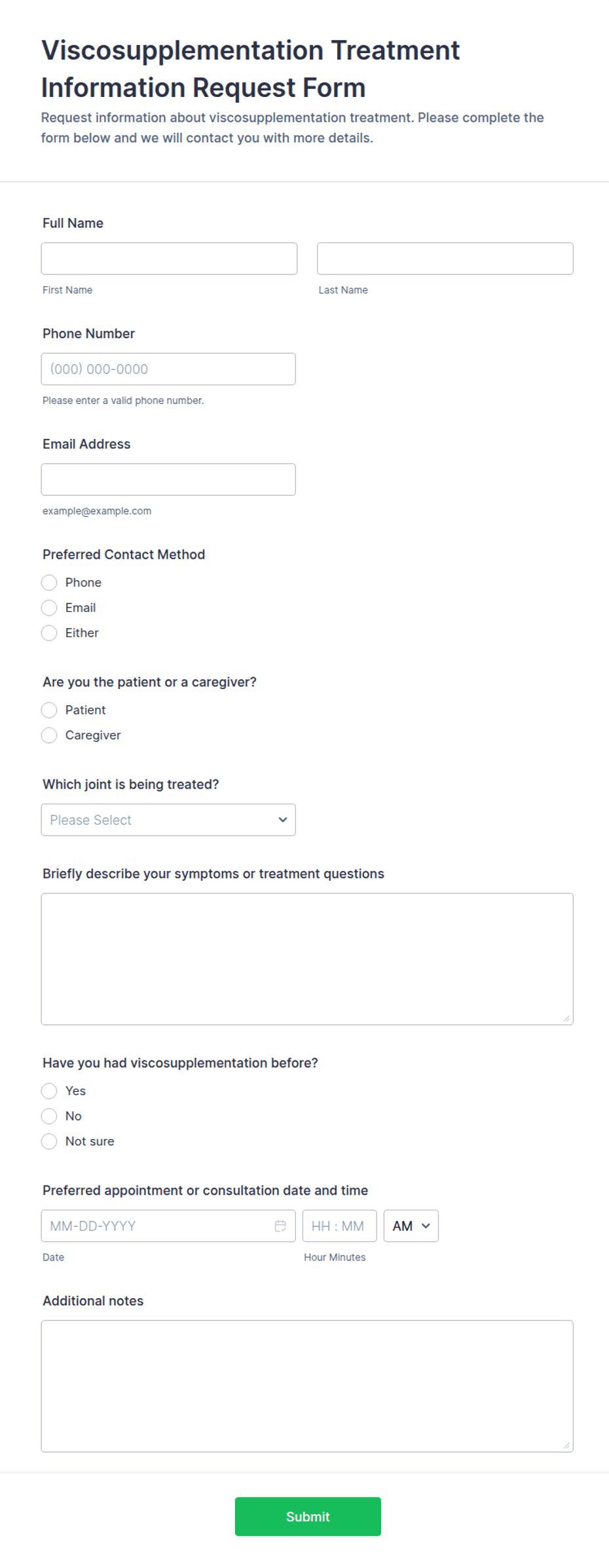 Viscosupplementation Treatment Information Request Form Template | Jotform