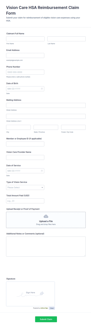 Vision Care HSA Reimbursement Claim Form Template