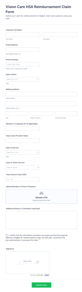 Vision Care HSA Reimbursement Claim Form Template