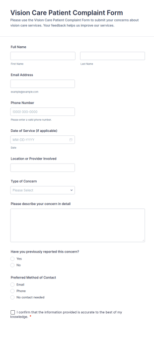Vision Care Patient Complaint Form Template