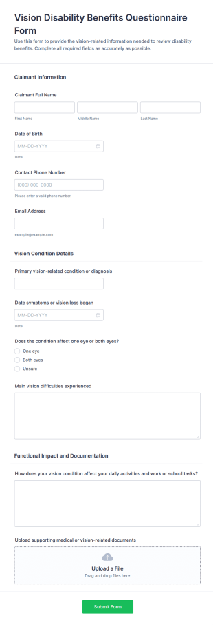 Vision Disability Benefits Questionnaire Form Template