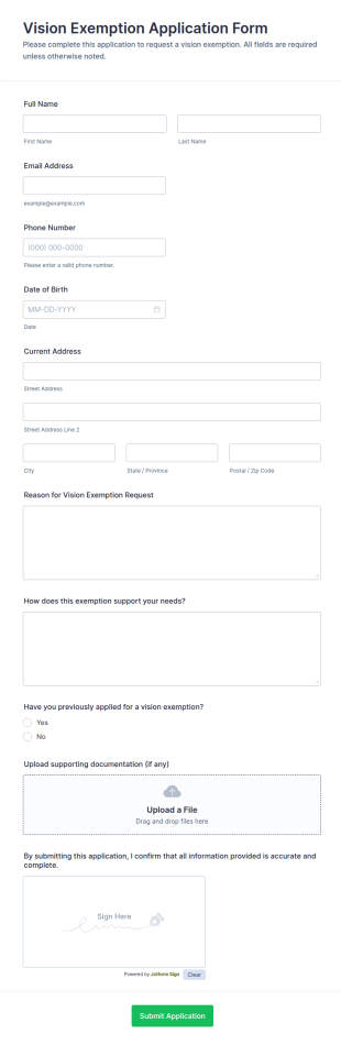 Vision Exemption Application Form Template