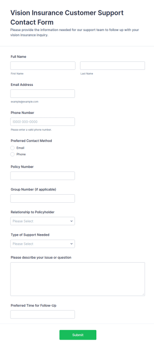 Vision Insurance Customer Support Contact Form Template