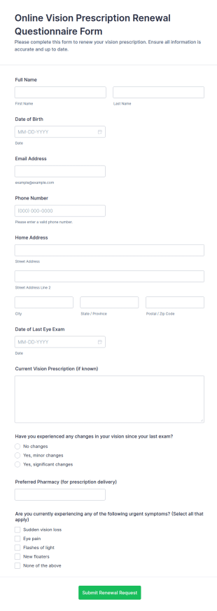 Vision Prescription Renewal Questionnaire Form Template