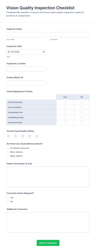 Vision Quality Inspection Checklist Form Template