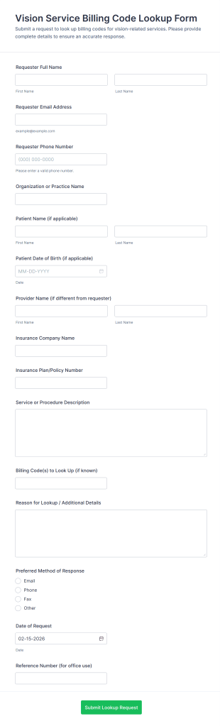 Vision Service Billing Code Lookup Form Template