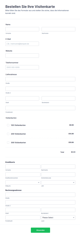 Visitenkarten Bestellformular