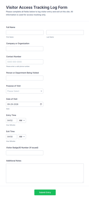 Visitor Access Tracking Log Form Template