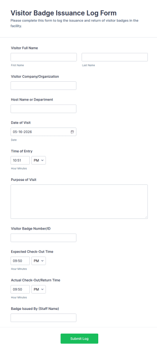 Visitor Badge Issuance Log Form Template