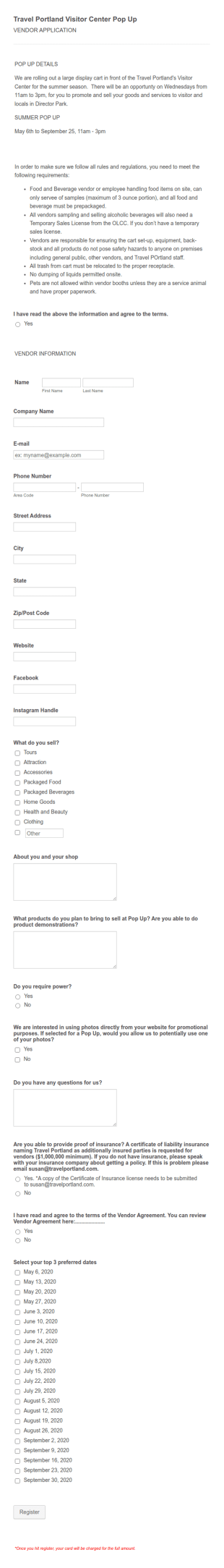 Visitor Center Vendor Application Form Template
