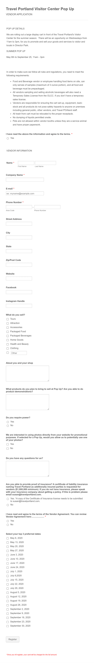 Visitor Center Vendor Application Form Template