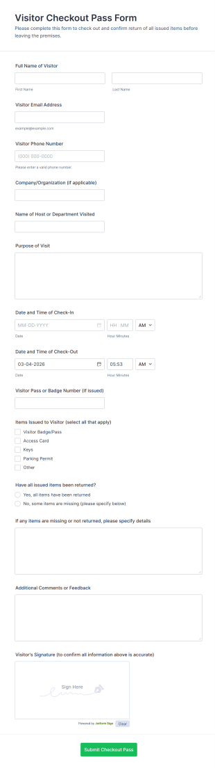 Visitor Checkout Pass Form Template