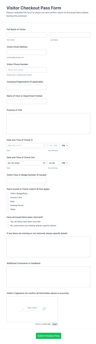 Visitor Checkout Pass Form Template