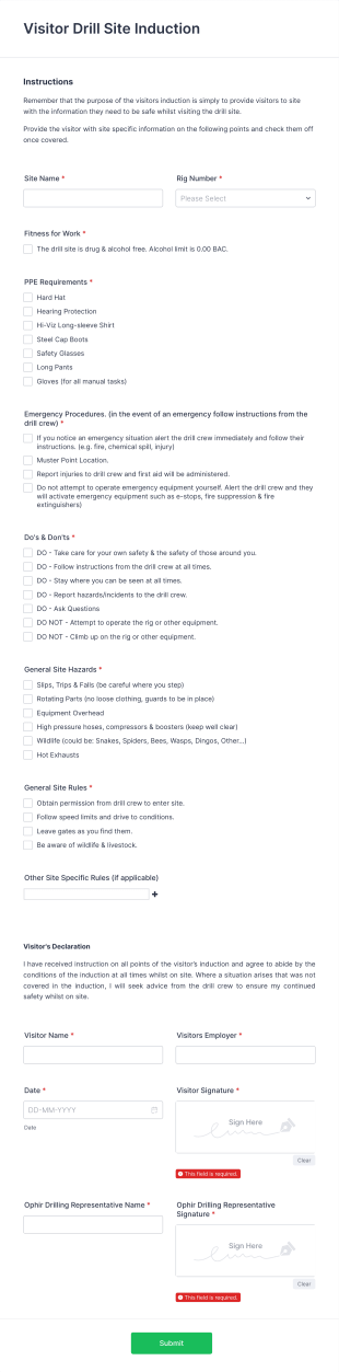 Visitor Drill Site Induction Form Template