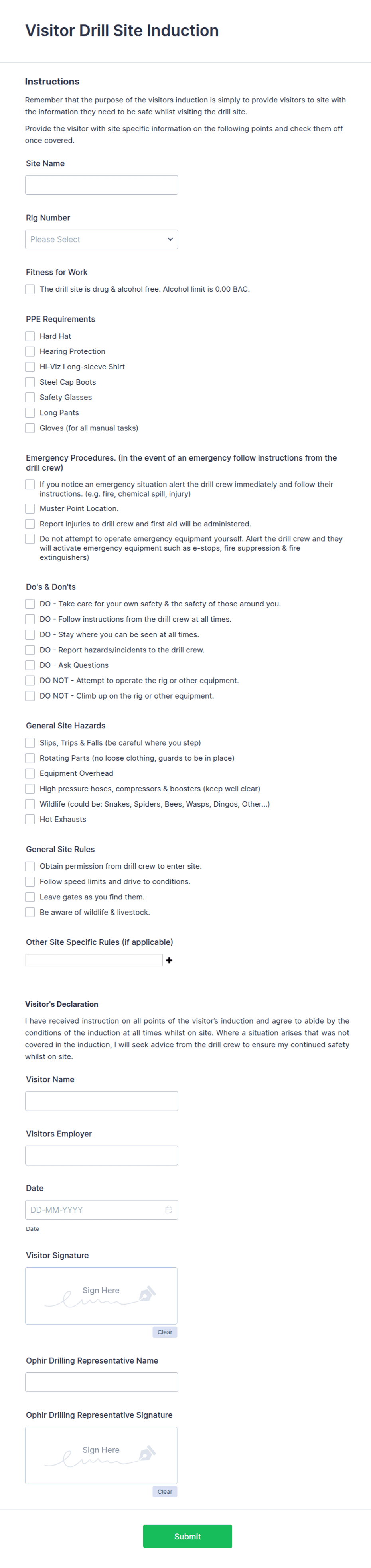 Visitor Induction Form.pdf Visitor Drill Site Induction Form Template | Jotform