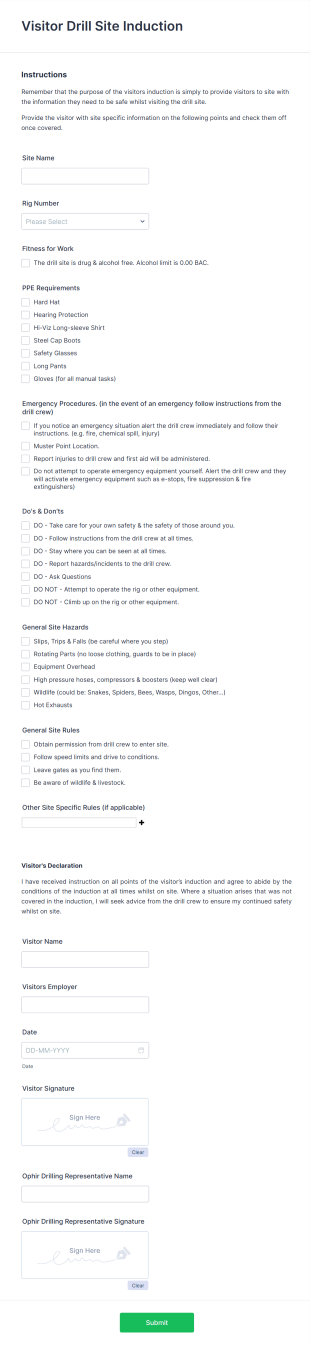 Drill Site Visitor Induction Safety Form Template