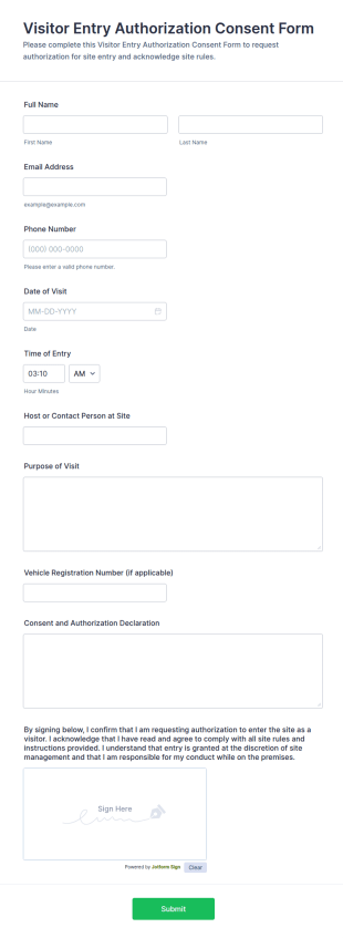 Visitor Entry Authorization Consent Form Template