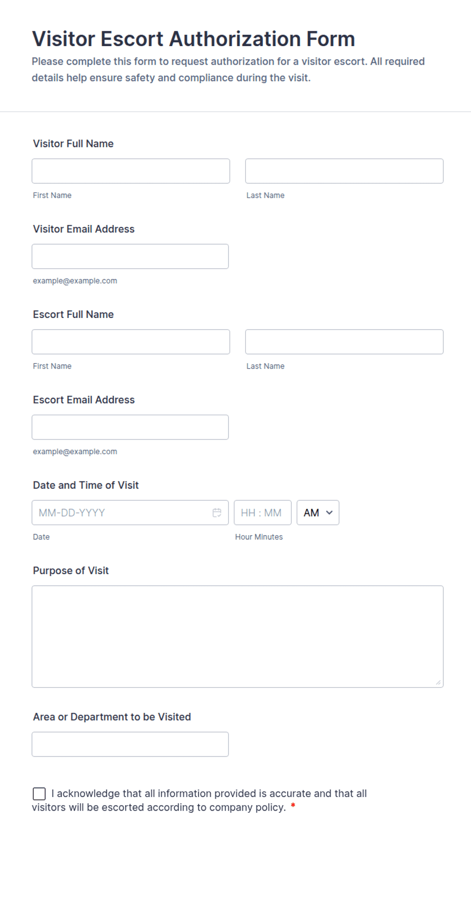 Visitor Escort Authorization Form Template | Jotform