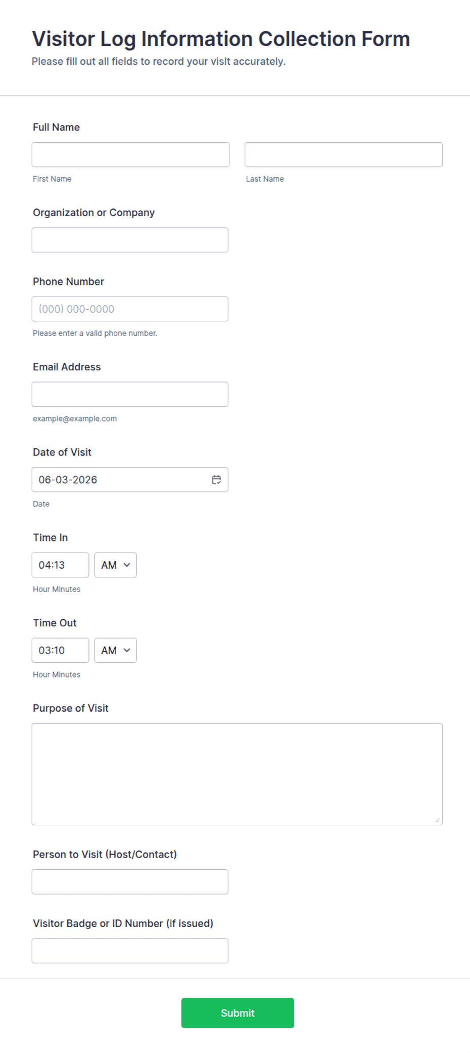 Collection Log Examples Visitor Log Information Collection Form Template | Jotform