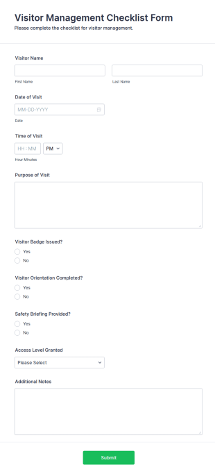 Visitor Management Checklist Form Template