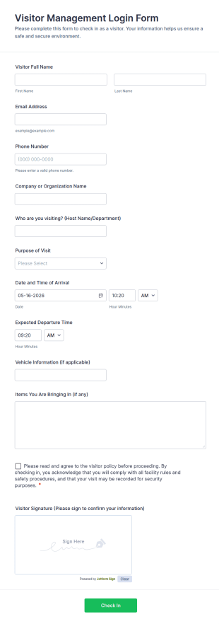 Visitor Management Login Form Template