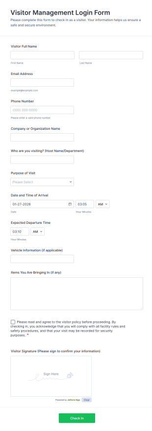 Visitor Management Login Form Template