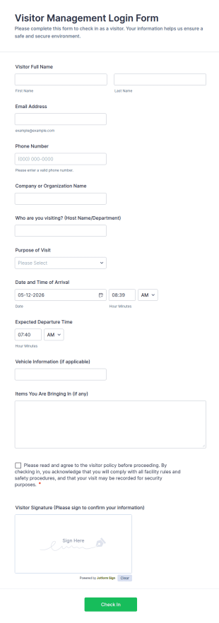 Visitor Management Login Form Template
